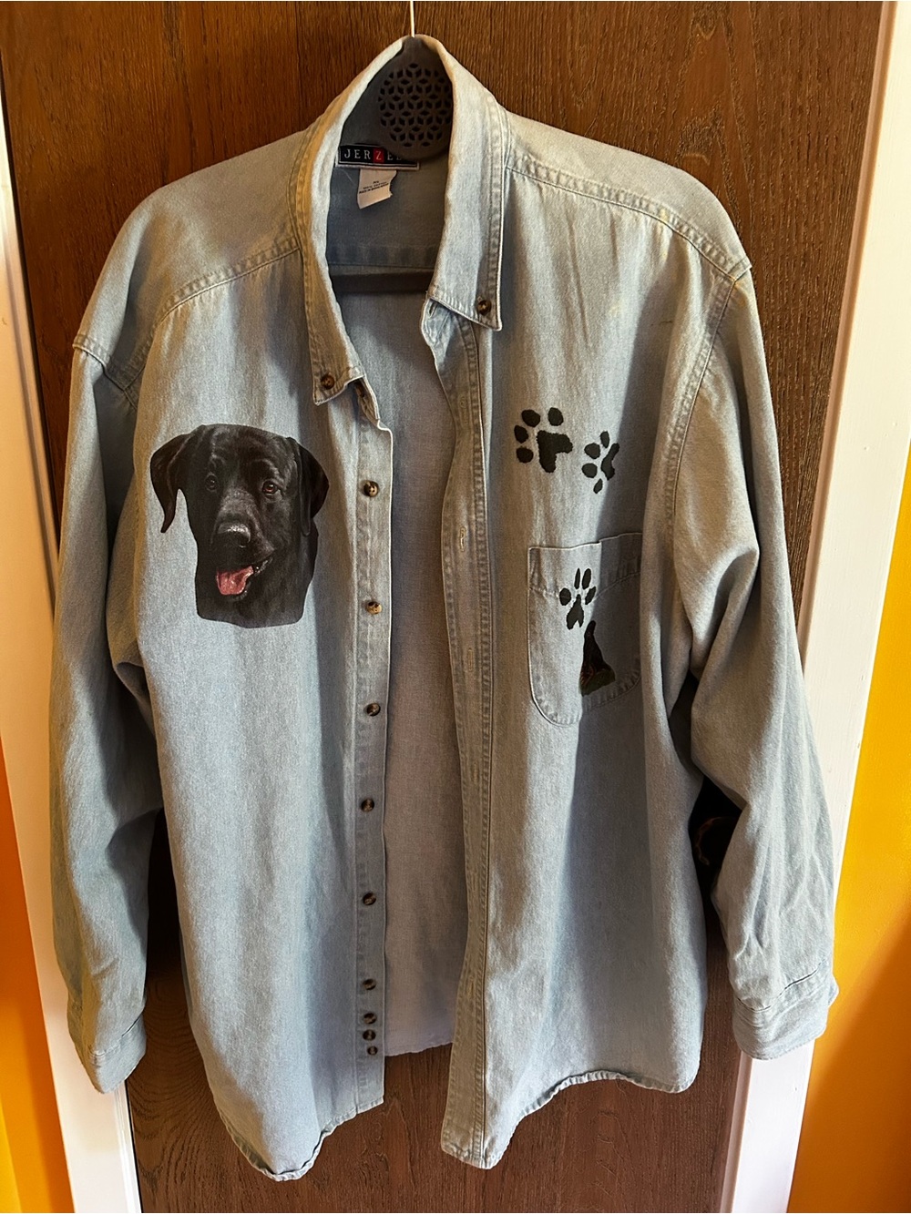 Jerzees Light Blue Denim Shirt with Black Dog and Paw Prints